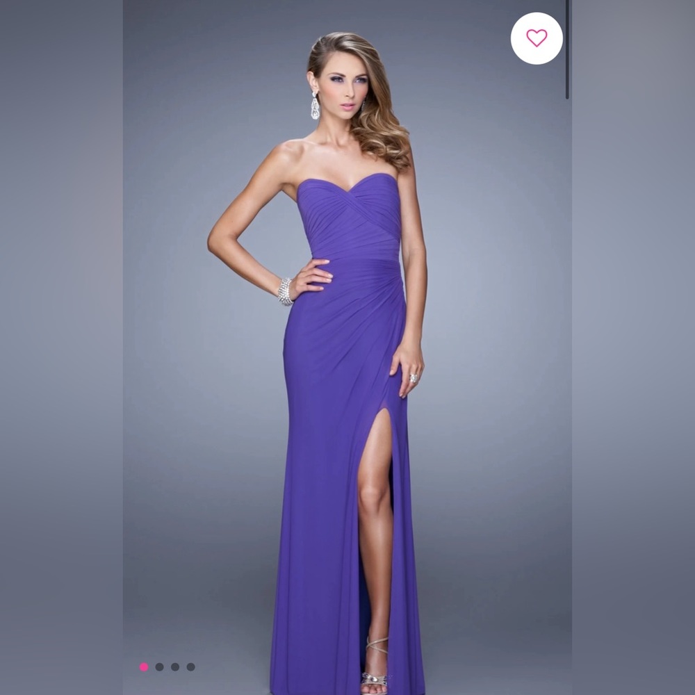Le Femme simple strapless jersey prom dress in the color royal purple